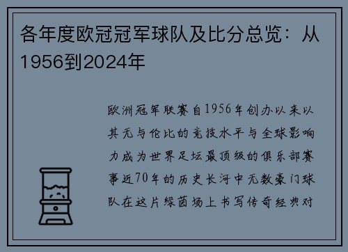 各年度欧冠冠军球队及比分总览：从1956到2024年