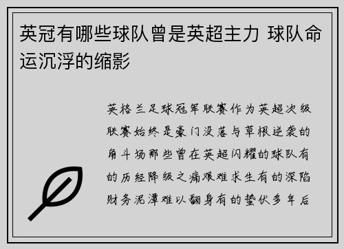 英冠有哪些球队曾是英超主力 球队命运沉浮的缩影