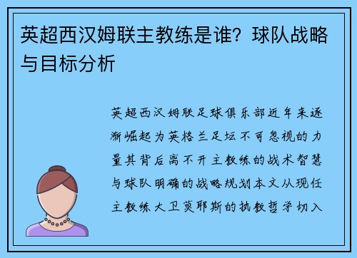 英超西汉姆联主教练是谁？球队战略与目标分析