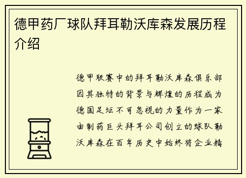 德甲药厂球队拜耳勒沃库森发展历程介绍